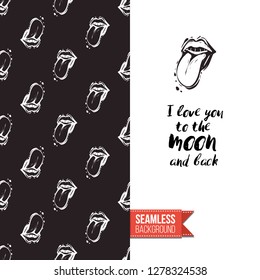 Greeting card with rock-style seamless pattern, text: i love you to the moon and back. Hand drawn graphic rock music attributes doodle elements. Vector template for music band, concert, party.