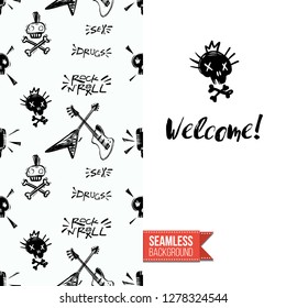 Greeting card with rock-style seamless pattern, text: welcome. Hand drawn graphic rock music attributes doodle elements. Vector template for music band, concert, party. Invitation, postcard or flyer.