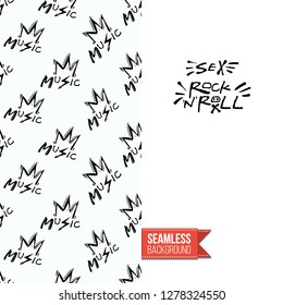 Greeting card with rock-style seamless pattern, text: sex and rock-n-roll. Hand drawn graphic rock music attributes doodle elements. Vector template for music band, concert, party.