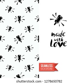 Greeting card with rock-style seamless pattern, text: made with love. Hand drawn graphic rock music attributes doodle elements. Vector template for music band, concert, party.