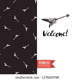 Greeting card with rock-style seamless pattern, text: welcome. Hand drawn graphic rock music attributes doodle elements. Vector template for music band, concert, party. Invitation, postcard or flyer.