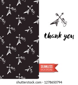 Greeting card with rock-style seamless pattern, text: thank you. Hand drawn graphic rock music attributes doodle elements. Vector template for music band, concert, party.