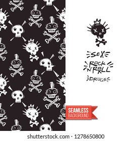 Greeting card with rock-style seamless pattern, text: sex drugs and rock'n'roll. Hand drawn graphic rock music attributes doodle elements. Vector template for music band, concert, party.