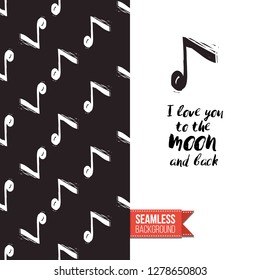 Greeting card with rock-style seamless pattern, text: i love you to the moon and back. Hand drawn graphic rock music attributes doodle elements. Vector template for music band, concert, party.