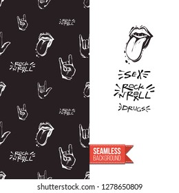 Greeting card with rock-style seamless pattern, text: sex drugs and rock'n'roll. Hand drawn graphic rock music attributes doodle elements. Vector template for music band, concert, party.