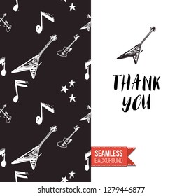 Greeting card with rock-style seamless pattern, text: thank you. Hand drawn graphic rock music attributes doodle elements. Vector template for music band, concert, party.