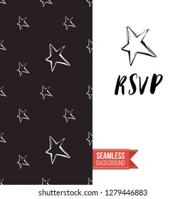 Greeting card with rock-style seamless pattern, text: rsvp. Hand drawn graphic rock music attributes doodle elements. Vector template for music band, concert, party. Invitation, postcard or flyer.