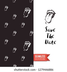 Greeting card with rock-style seamless pattern, text: save the date. Hand drawn graphic rock music attributes doodle elements. Vector template for music band, concert, party.