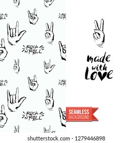 Greeting card with rock-style seamless pattern, text: made with love. Hand drawn graphic rock music attributes doodle elements. Vector template for music band, concert, party.