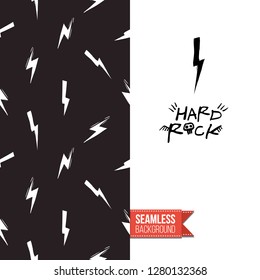 Greeting card with rock-style seamless pattern, text: hard rock. Hand drawn graphic rock music attributes doodle elements. Vector template for music band, concert, party.