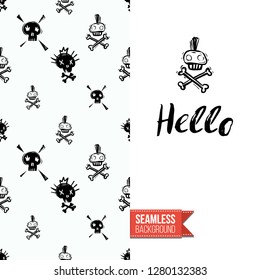 Greeting card with rock-style seamless pattern, text: hello. Hand drawn graphic rock music attributes doodle elements. Vector template for music band, concert, party. Invitation, postcard or flyer.