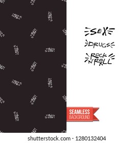 Greeting card with rock-style seamless pattern, text: sex drugs rock-n-roll. Hand drawn graphic rock music attributes doodle elements. Vector template for music band, concert, party.