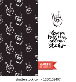 Greeting card with rock-style seamless pattern, text: i love you more than all the stars. Hand drawn graphic rock music attributes doodle elements. Vector template for music band, concert, party.