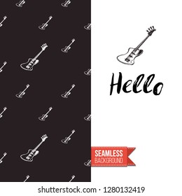 Greeting card with rock-style seamless pattern, text: hello. Hand drawn graphic rock music attributes doodle elements. Vector template for music band, concert, party. Invitation, postcard or flyer.