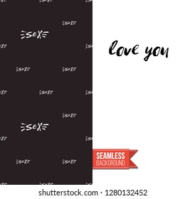 Greeting card with rock-style seamless pattern, text: love you. Hand drawn graphic rock music attributes doodle elements. Vector template for music band, concert, party. Invitation, postcard or flyer.
