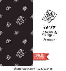 Greeting card with rock-style seamless pattern, text: sex drugs and rock'n'roll. Hand drawn graphic rock music attributes doodle elements. Vector template for music band, concert, party.