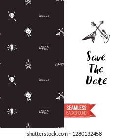 Greeting card with rock-style seamless pattern, text: save the date. Hand drawn graphic rock music attributes doodle elements. Vector template for music band, concert, party.
