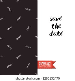 Greeting card with rock-style seamless pattern, text: save the date. Hand drawn graphic rock music attributes doodle elements. Vector template for music band, concert, party.