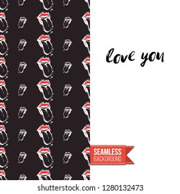 Greeting card with rock-style seamless pattern, text: love you. Hand drawn graphic rock music attributes doodle elements. Vector template for music band, concert, party. Invitation, postcard or flyer.