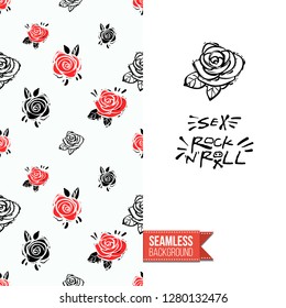 Greeting card with rock-style seamless pattern, text: sex and rock-n-roll. Hand drawn graphic rock music attributes doodle elements. Vector template for music band, concert, party.