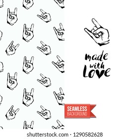 Greeting card with rock-style seamless pattern, text: made with love. Hand drawn graphic rock music attributes doodle elements. Vector template for music band, concert, party.