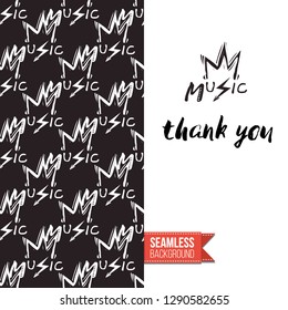 Greeting card with rock-style seamless pattern, text: thank you. Hand drawn graphic rock music attributes doodle elements. Vector template for music band, concert, party.