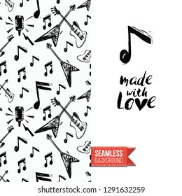 Greeting card with rock-style seamless pattern, text: made with love. Hand drawn graphic rock music attributes doodle elements. Vector template for music band, concert, party.