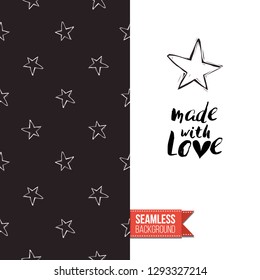Greeting card with rock-style seamless pattern, text: made with love. Hand drawn graphic rock music attributes doodle elements. Vector template for music band, concert, party.