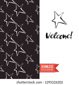 Greeting card with rock-style seamless pattern, text: welcome. Hand drawn graphic rock music attributes doodle elements. Vector template for music band, concert, party. Invitation, postcard or flyer.
