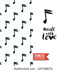 Greeting card with rock-style seamless pattern, text: made with love. Hand drawn graphic rock music attributes doodle elements. Vector template for music band, concert, party.