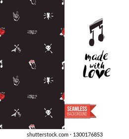 Greeting card with rock-style seamless pattern, text: made with love. Hand drawn graphic rock music attributes doodle elements. Vector template for music band, concert, party.