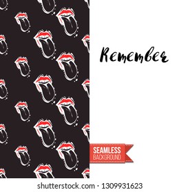 Greeting card with rock-style seamless pattern, text: remember. Hand drawn graphic rock music attributes doodle elements. Vector template for music band, concert, party. Invitation, postcard or flyer.