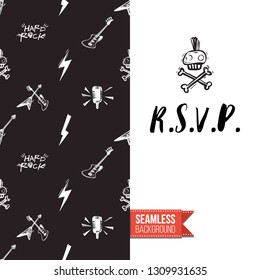 Greeting card with rock-style seamless pattern, text: r.s.v.p.. Hand drawn graphic rock music attributes doodle elements. Vector template for music band, concert, party. Invitation, postcard or flyer.