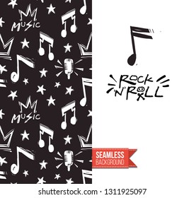 Greeting card with rock-style seamless pattern, text: rock'n'roll. Hand drawn graphic rock music attributes doodle elements. Vector template for music band, concert, party.