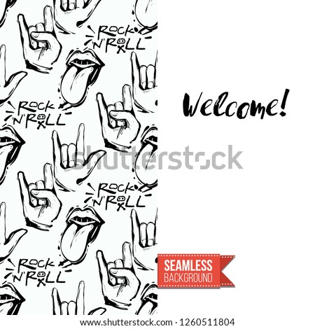 Greeting card with rock-style seamless pattern, text: welcome. Hand drawn graphic rock music attributes doodle elements. Vector template for music band, concert, party. Invitation, postcard or flyer. Foto stock © 