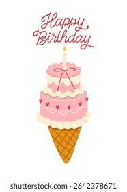 Greeting card with romantic cake ice cream cone, hearts, bow, candle and Happy Birthday lettering. Korean bakery trend. Vector isolated design for greeting, packaging and stickers