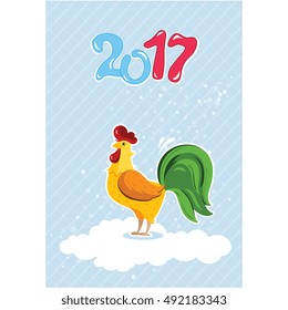 Greeting card with rooster symbol of 2017 Chinese New Year calendar. Cartoon characters of cock or rooster. Vector illustration.