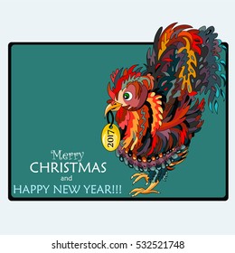 Greeting card with a rooster. Symbol 2017. Happy New Year and Merry Christmas. - Stock vector