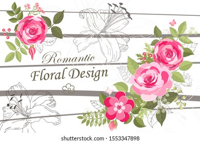 Greeting card with rose flowers and leaves. Beautiful bouquet of pink flowers and red. Flower composition. Background. Design greeting card and invitation of the wedding, birthday. Vector illustration