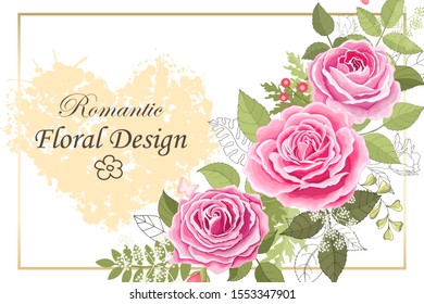 Greeting card with rose flowers and leaves. Beautiful bouquet of pink flowers and red. Flower composition. Background. Design greeting card and invitation of the wedding, birthday. Vector illustration