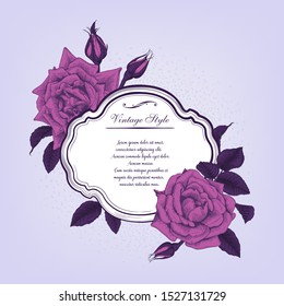 Greeting card with roses, can be used as invitation card for wedding, birthday and other holiday and  summer background. Vector illustration. Botanical art. Engraving style

