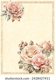 Greeting card with roses can be used as invitation card for wedding, birthday and other holiday and summer background. Vector illustration. Vintage postcard.