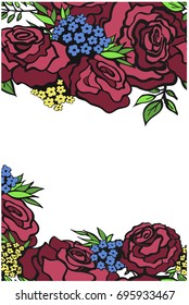 Greeting card with roses, can be used as invitation card for wedding, birthday. Vector illustration hand drawn.