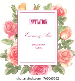 Greeting card with roses. Delicate pink roses on a light background.  Wedding invitation.