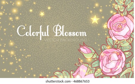 Greeting Card with Roses and Gold Fairy Dust. Wedding Invitation, Birthday and Holiday Background. Frame for Restaurant, Boutique, Poster, Flyer, Book Cover Design. Vector illustration