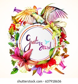 Greeting card with roses, lily, wild flowers with leaves and parrot cockatoo on top. This template can be used as other type of invitations and holidays. Vector - stock.