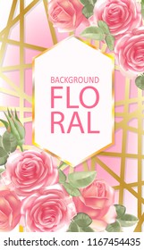 Greeting card with roses. Realistic illustration in the pastel color in modern style.  Delicate pink roses on a light background.  Wedding Invitation.