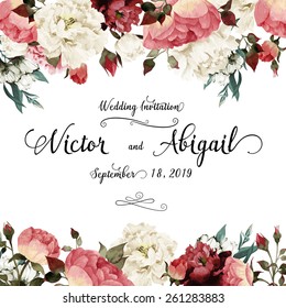 Greeting card with roses, watercolor, can be used as invitation card for wedding, birthday and other holiday and  summer background. Vector illustration. 