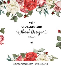 Greeting card with roses, watercolor, can be used as invitation card for wedding, birthday and other holiday and  summer background. Vector illustration.
