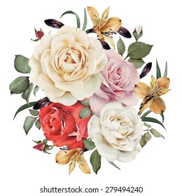 Greeting card with roses, watercolor, can be used as invitation card for wedding, birthday and other holiday and  summer background. Vector illustration.
